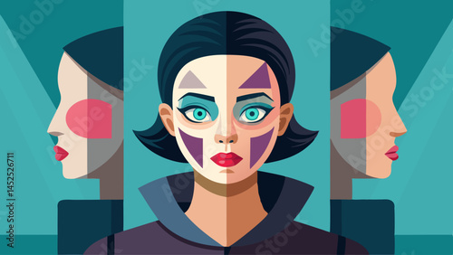 A woman with a blue face mask and red lips. The woman is wearing a black hoodie