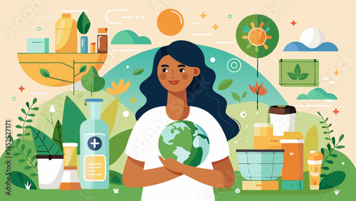 A woman holding a globe in her arms. The globe is surrounded by various items such as bottles, cups, and a bowl. Concept of environmental awareness and the importance of taking care of the planet