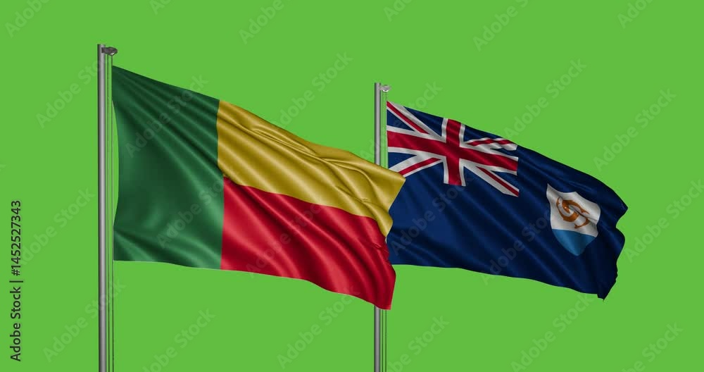 Benin and Anguilla 3D flags, Patterned banners flow with grace, chroma key background Benin and Anguilla 3D flags, Patterned banners flow with grace, chroma key background
