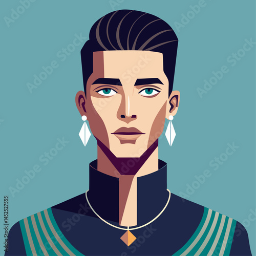 A man with a blue shirt and black jacket is wearing earrings and a necklace. He has a serious expression on his face