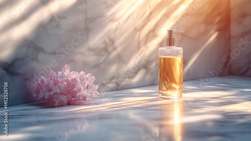 A serene bathroom setting featuring a bottle of liquid soap beside delicate pink flowers on a marble countertop
