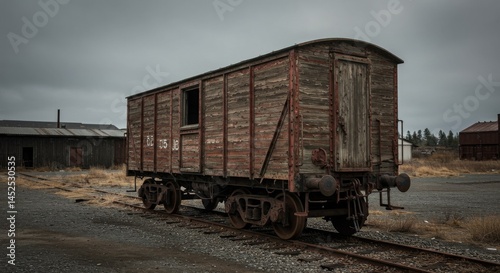 Rusty Wooden Train Wagon in Abandoned Railroad Yard photo