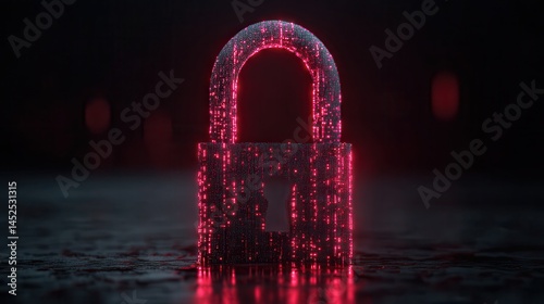 Digital secure gate access 3D digital lock with glowing red outlines in dark setting.