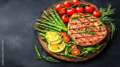 Grilled fish dish with asparagus and tomatoes