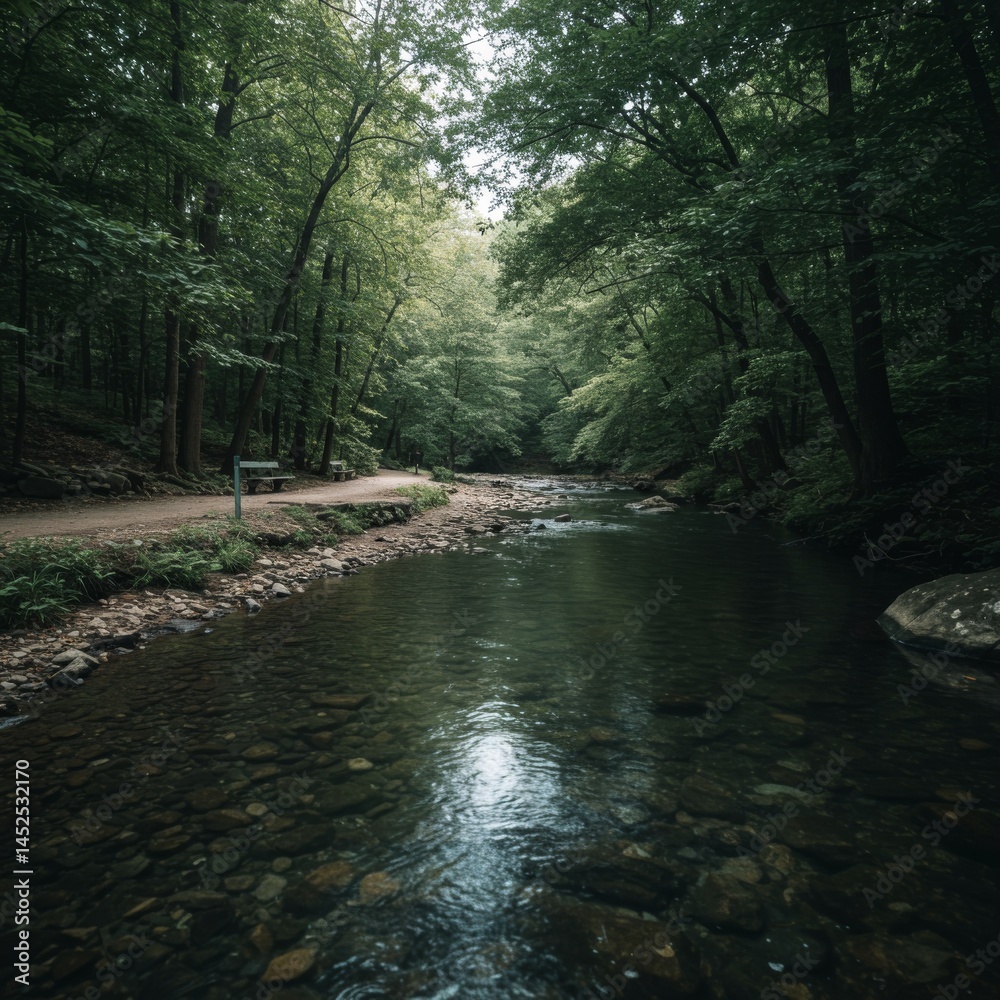 Obraz premium Serene Forest River Landscape with Tranquil Water