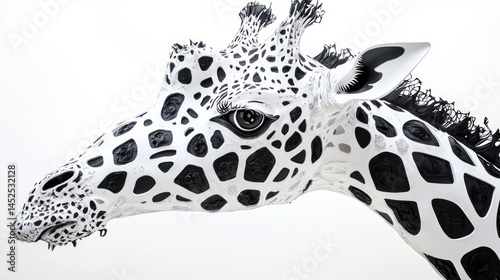 Detailed giraffe head, black and white, intricate pattern