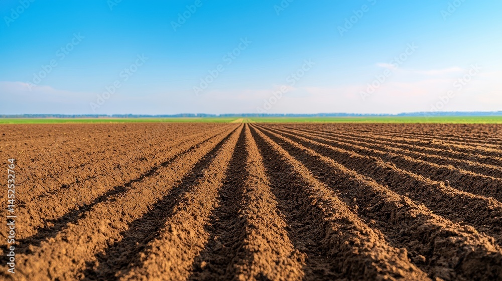 Serene Agricultural Field with Plowed Soil Beneath Clear Blue Sky Serene Agricultural Field with Plowed Soil Beneath Clear Blue Sky