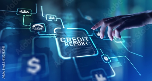 Credit Report Evaluating Financial Health and Creditworthiness, projection on a virtual screen, Business and Technology Concept.