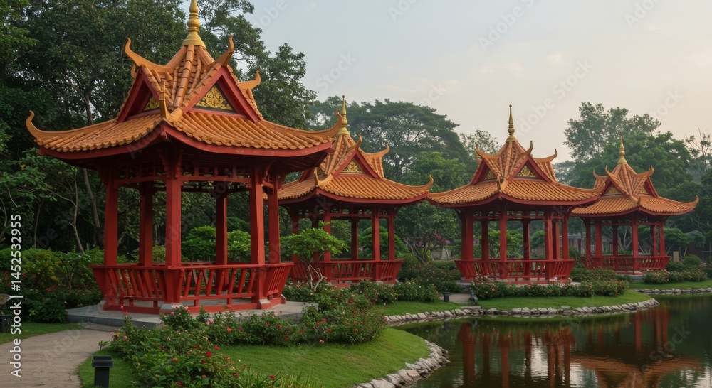 Red Chinese Pavilions by a Pond in a Garden Red Chinese Pavilions by a Pond in a Garden