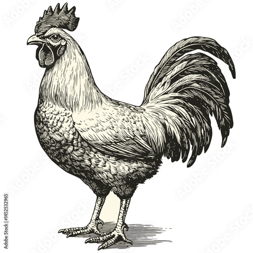 Rooster vintage illustration, woodcut style hand drawn sketch, rustic farm animal art, traditional poultry design vector, retro barn decor, black ink linework, country farmhouse artwork