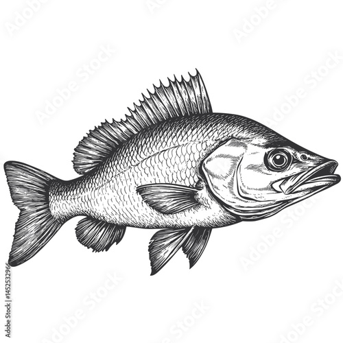 Hand drawn sea bass fish illustration, vintage black sketch, woodcut engraved etching vector, old engraving style, retro seafood art, marine animal artwork, fishing poster,