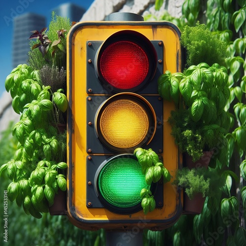 Decommissioned traffic light repurposed into vertical herb garde