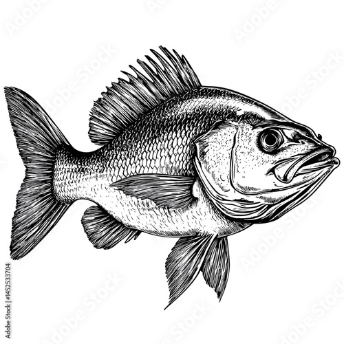 Vintage sea bass illustration, hand drawn sketch in old engraving style, woodcut etching vector, marine fish poster art, trendy seafood design, black ink etch marine artwork,