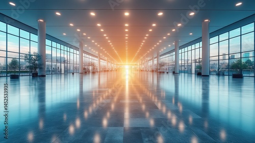 Modern spacious interior of a bright conference hall with sunset view through large windows