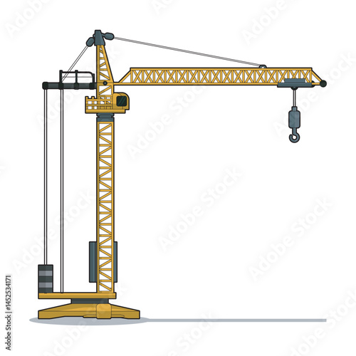 Vector illustration of a tower crane with counterweights and a hook, commonly used in construction for lifting heavy materials. Ideal for engineering and building design projects.