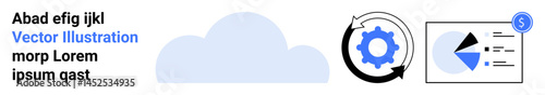 Cloud with analytics chart, gear in circular process, and dollar sign, symbolizing data management, strategy, and automation. Ideal for technology, cloud computing, finance analytics efficiency