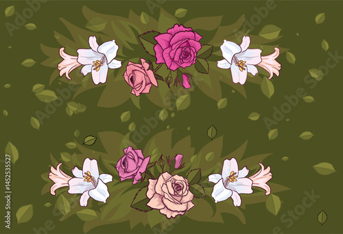 Realistic Roses and lilies type fabric printing vector  design
