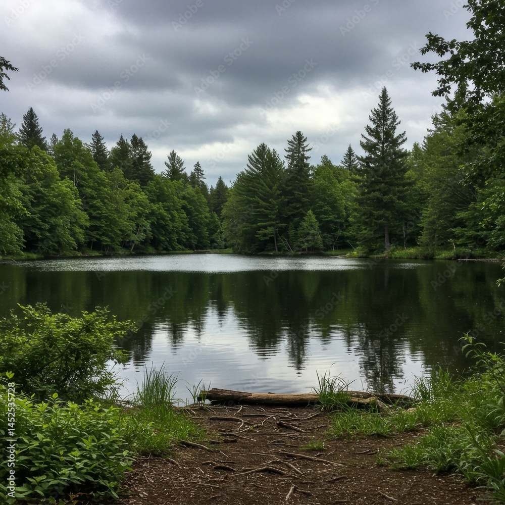 Fototapeta premium Serene Forest Lake Reflection Under an Overcast Sky