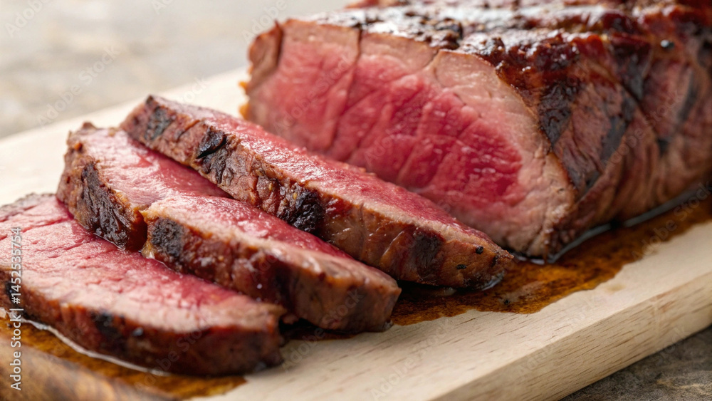 Perfectly sliced beef steak cooked rare to medium rare, showcasing juicy texture and rich color on wooden cutting board Perfectly sliced beef steak cooked rare to medium rare, showcasing juicy texture and rich color on wooden cutting board