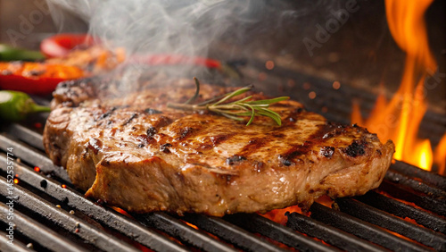 Grilled steak sizzling on barbecue grill with smoke and flames, garnished with rosemary, creating mouthwatering and smoky atmosphere