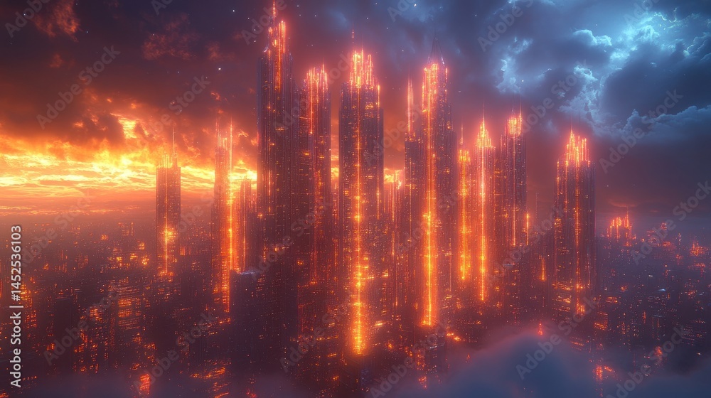 Fototapeta premium Blazing futuristic city skyline at sunset with cloudy sky