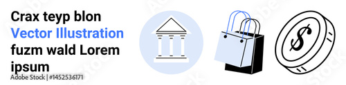Bank facade, shopping bags, dollar coin highlighting finance, commerce, economy, financial services, online shopping, business personal finance. Ideal for branding infographics websites flat