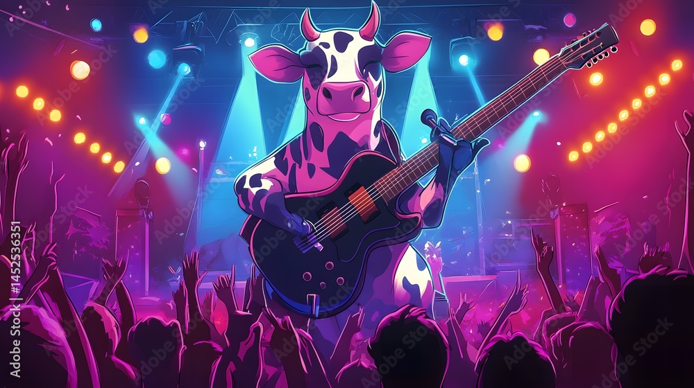 Obraz premium Digital illustration depicts a cow playing electric guitar on stage amidst a cheering crowd under vibrant lights.
