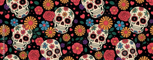 Colorful Day of the Dead Sugar Skulls Pattern with Traditional Mexican Floral Elements Vibrant Dia de los Muertos Seamless Print Featuring Calaveras Hearts and Festive Flowers on a Black Background