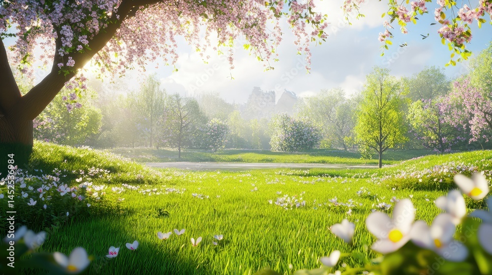 Fototapeta premium Spring meadow with fresh wet grass and morning dew, peaceful and rejuvenating outdoor scene