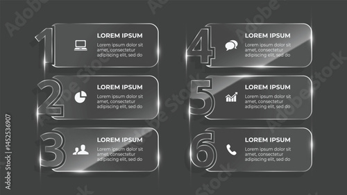 3D Glass Effect Business Infographic with 6 Bullet Points and Process Timeline – Vector Template for Web, Presentation, and Concept Design