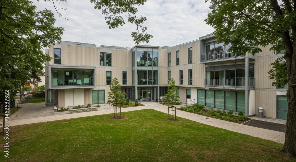 Obraz premium Modern Beige Stone Building with Glass Facade and Green Courtyard