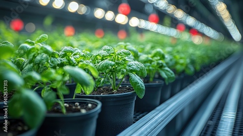 Lush green basil plants growing in a modern greenhouse with bright lights and vibrant atmosphere