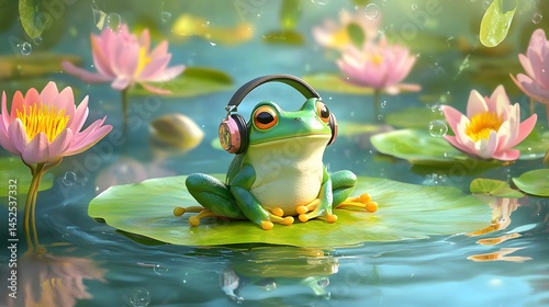 Digital illustration of a frog wearing headphones sitting on a lily pad in a tranquil pond.