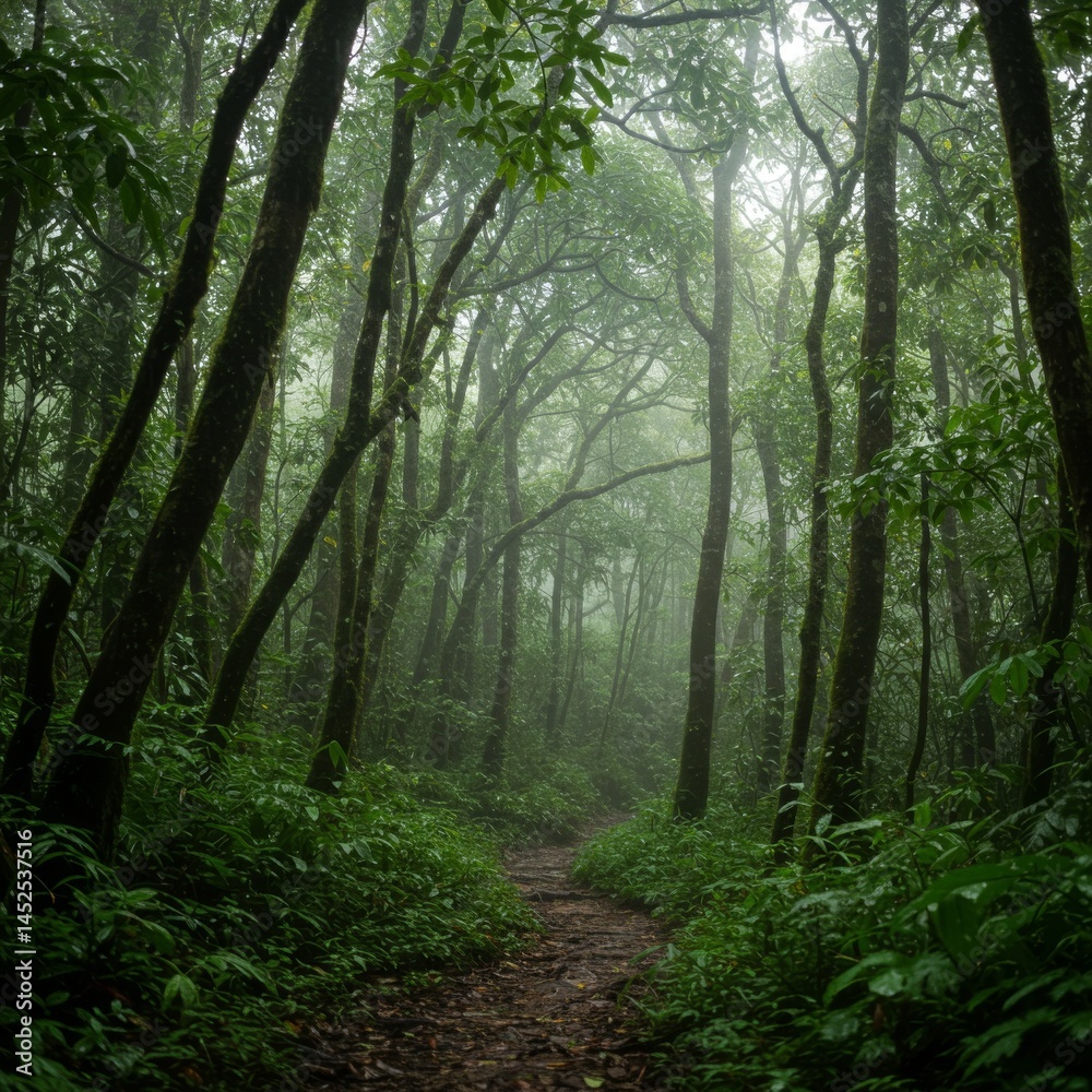 Obraz premium Misty Forest Path: Lush Green Canopy and Mossy Trees