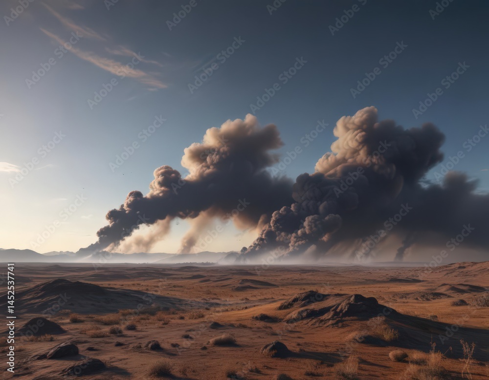 custom made wallpaper toronto digitalDark, billowing smoke rises over expansive flatlands, clear sky above ,  aerial view,  damage