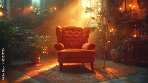 Cozy armchair in dimly lit living room with warm ambiance