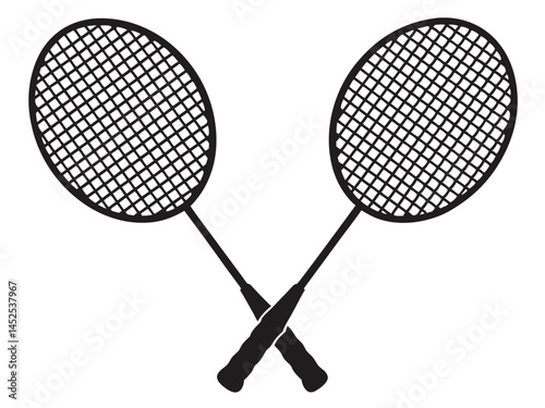 Two badminton rackets and a shuttlecock, Two badminton racket and shuttlecock black silhouettes, vector flat illustration isolated