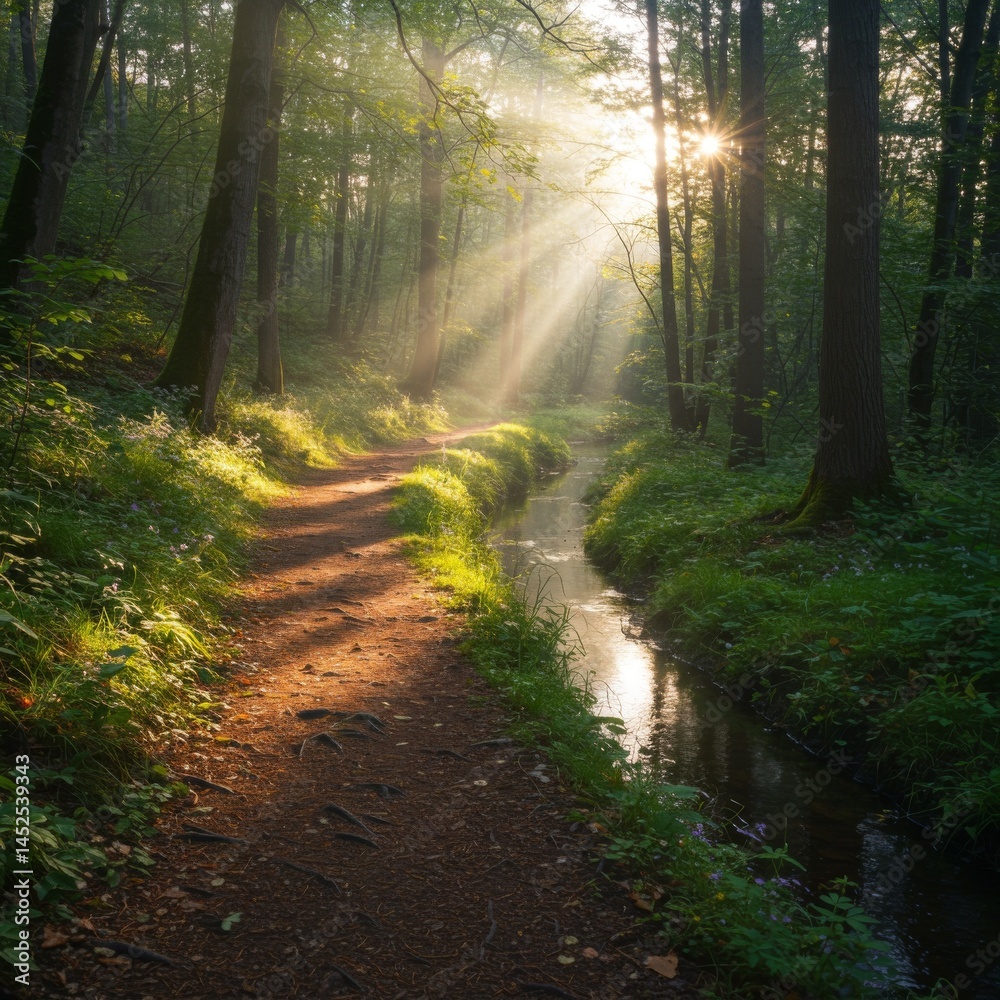Obraz premium Sunlit Forest Path and Stream
