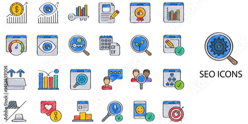 SEO simple concept 24 hand drawn color icons set. Contains such cyberspace, technology, business, web, banner, desktop, computer .Vector illustration.