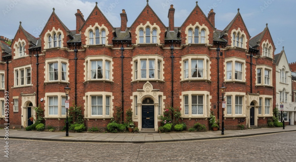 Row of Red Brick Houses on Cobblestone Street Row of Red Brick Houses on Cobblestone Street