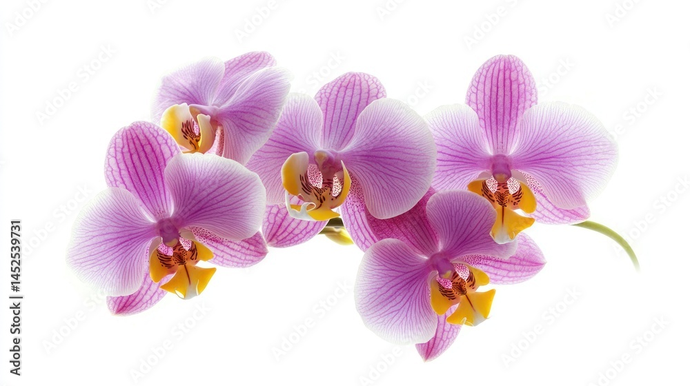Fototapeta premium Purple and yellow orchids in an elegant, minimalist bunch on a white background.
