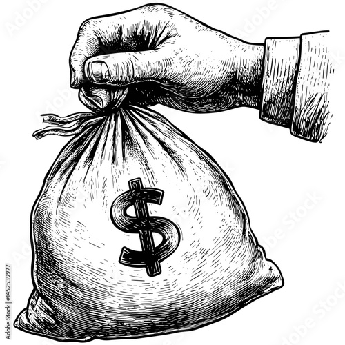 Vintage hand holding dollar money bag, old engraving style, woodcut sketch, antique illustration, hand drawn black etching, financial concept art, retro economy graphic,