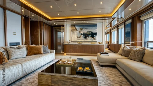Luxurious yacht lounge with modern d?cor, featuring a large abstract painting, ample seating, and expansive windows