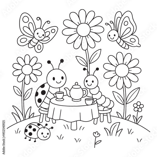 Enchanting Garden Tea Party with Butterflies Ladybug and Caterpillar in Black and White