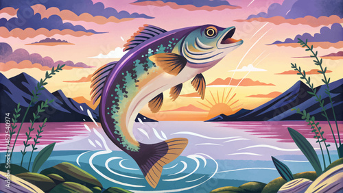 Vector illustration of large freshwater perch jumping out of water, captured mid air as a fishing trophy. Dynamic sports and nature concept ideal for outdoor recreation, adventure, and wildlife themed