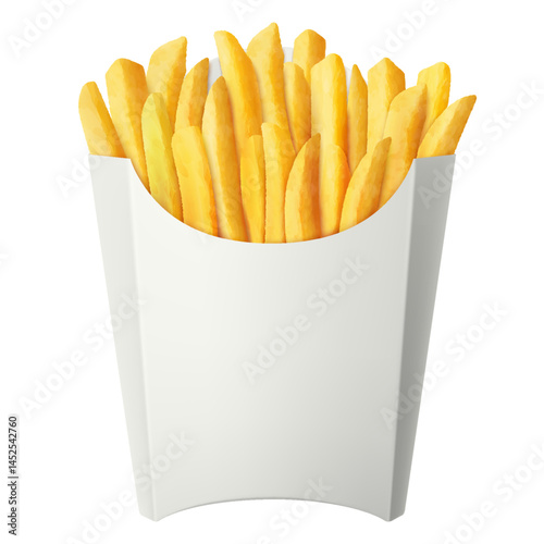 French fries in white paper bag isolated on a white background. Delicious French potato fast food pack box. Realistic 3d vector illustration.