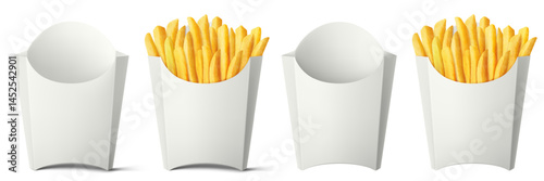 French fries in white paper bag isolated on a white background. Delicious French potato fast food pack boxes. Empty And Full. Realistic 3d vector illustration.