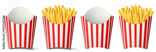 French fries in striped red and white paper french fry boxes isolated on a white background. Delicious French potato fast food pack boxes. Empty And Full. Realistic 3d vector illustration.