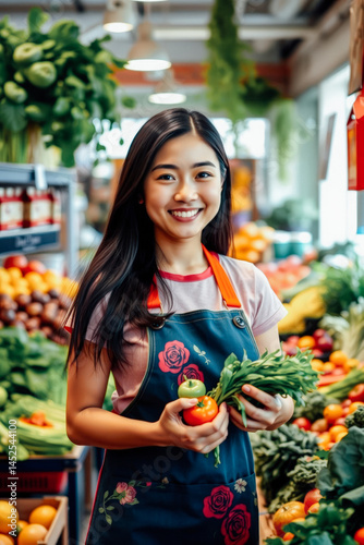 Friendly Supermarket Employee Holding Fresh Produce