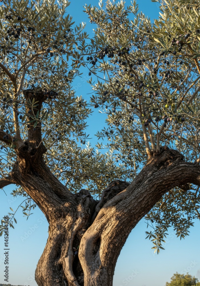 Ancient Olive Tree with Twisted Branches Under Blue Sky Ancient Olive Tree with Twisted Branches Under Blue Sky